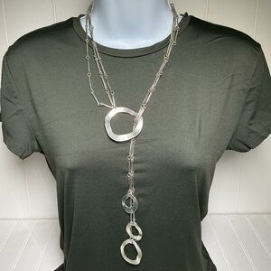Silver Tone Link Choker Necklace – Y Drop Lariat Chain 3 strand Circular Accents